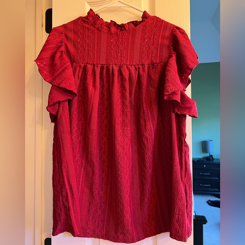 SHEIN Maternity Eyelet Embroidery Butterfly Sleeve Frill Neck Blouse